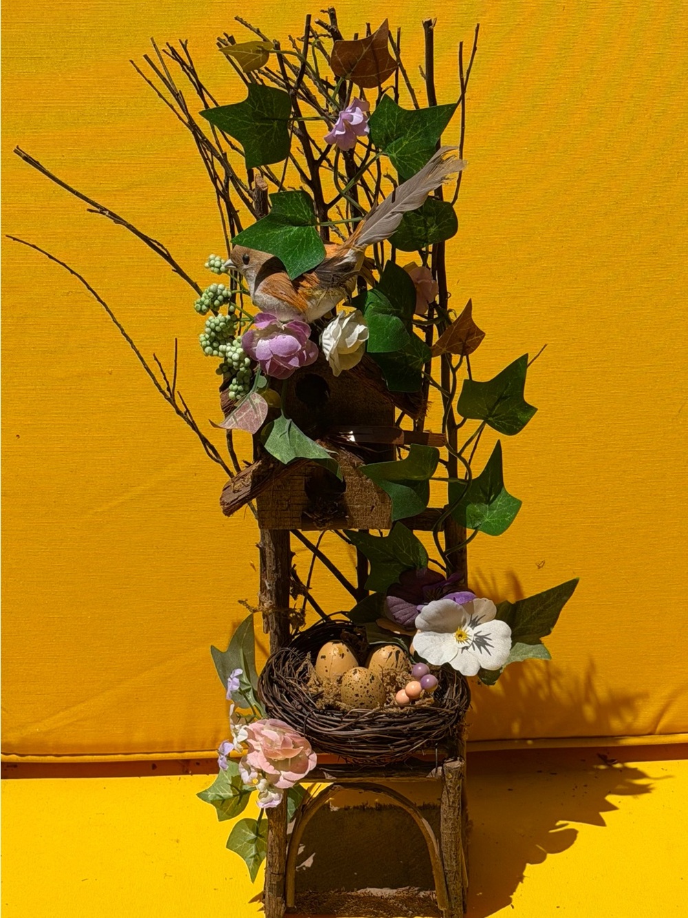 Rustic Birdhouse Decor with Nest, Green & Brown Accents 14” x 3”